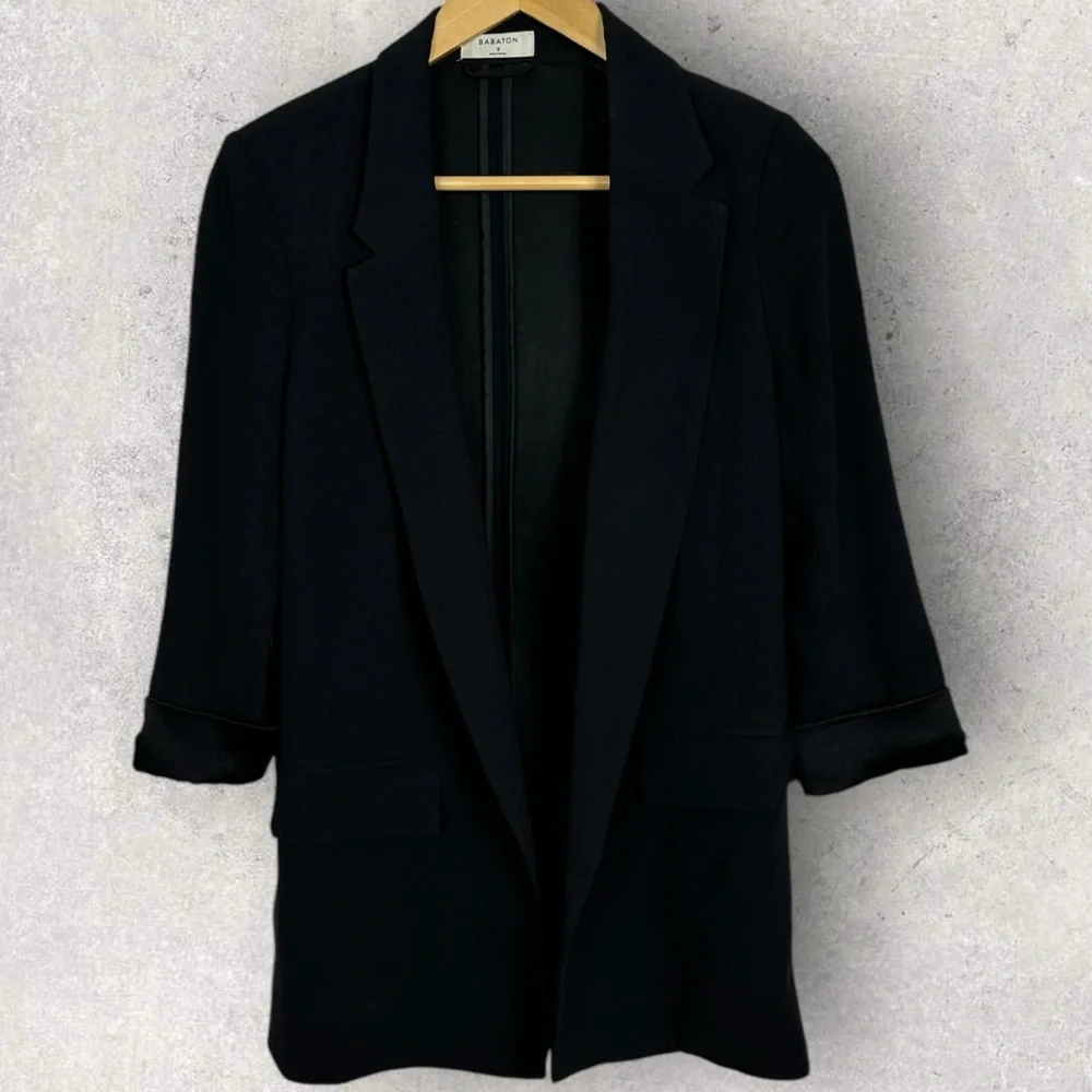 Aritzia Babaton‎ Delos Blazer Black Drape Size 2 Cupro Crepe Minimalist Career - Picture 11 of 16